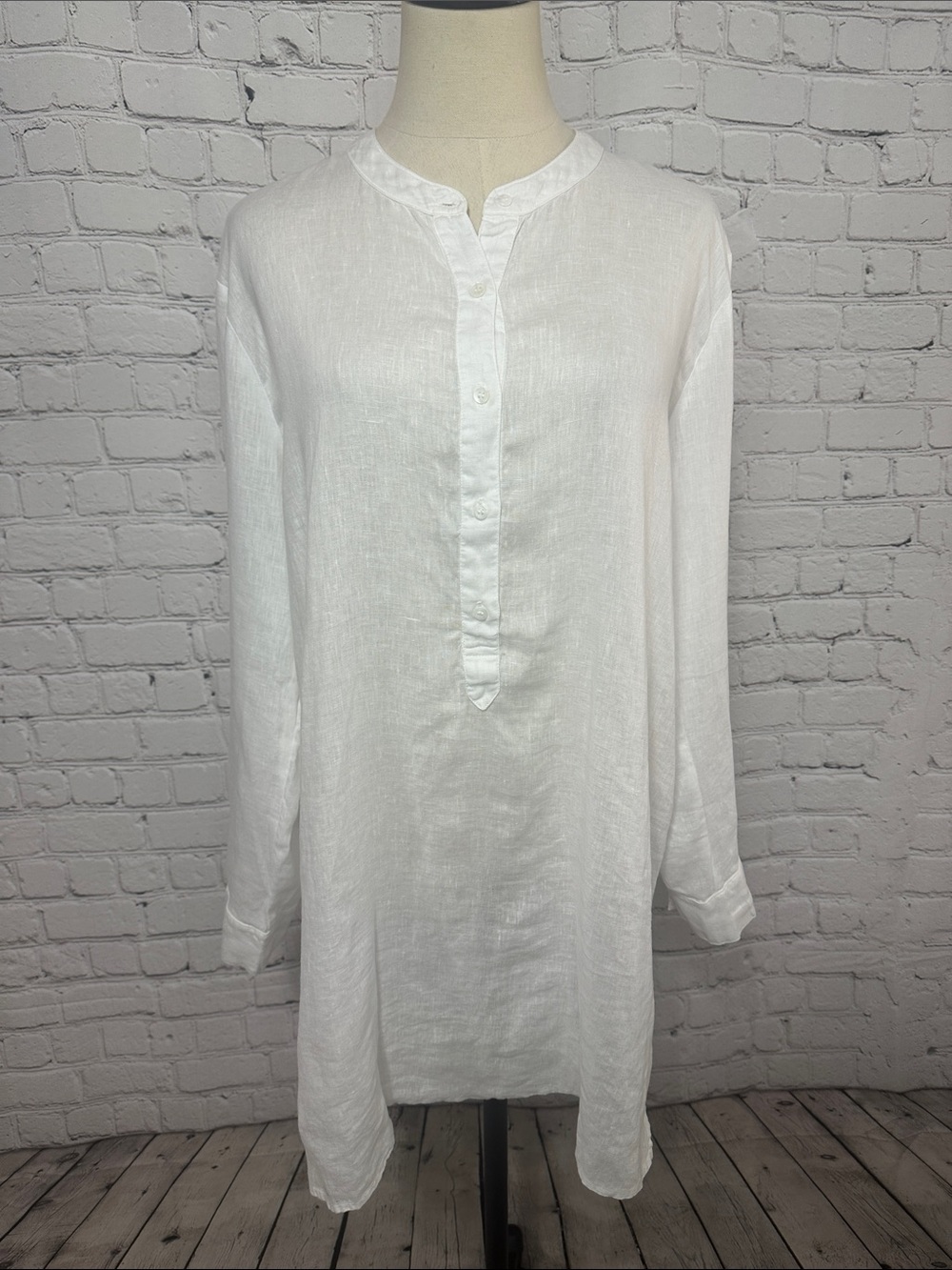 Stateside White LS Button Placket 100% Linen Tunic Shirt Dress L Large